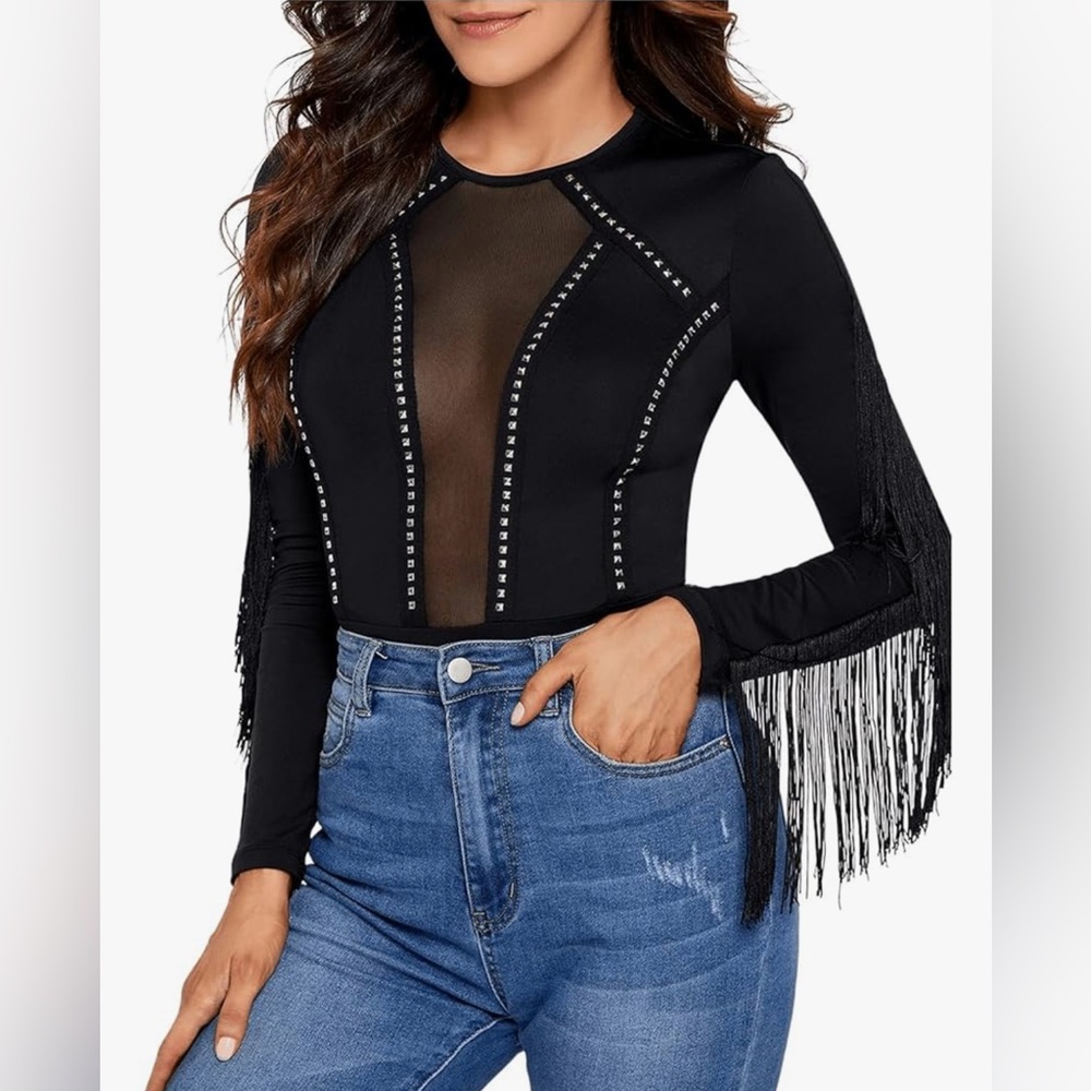 Fringe Long Sleeve Sheer Mesh Cowgirl Bodysuit